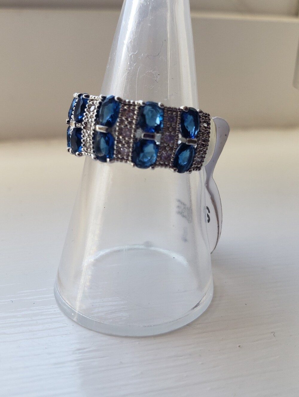 NEW Blue Sapphire Stamped 925 Fashion Ring, Wide Band W/oval Stones & Pavé - Picture 6 of 6